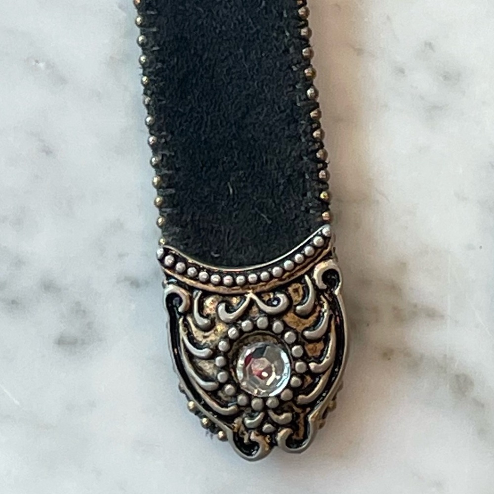Streets Ahead Suede Belt, Ornate Gold Buckle, beaded trim, black - Picture 8 of 14